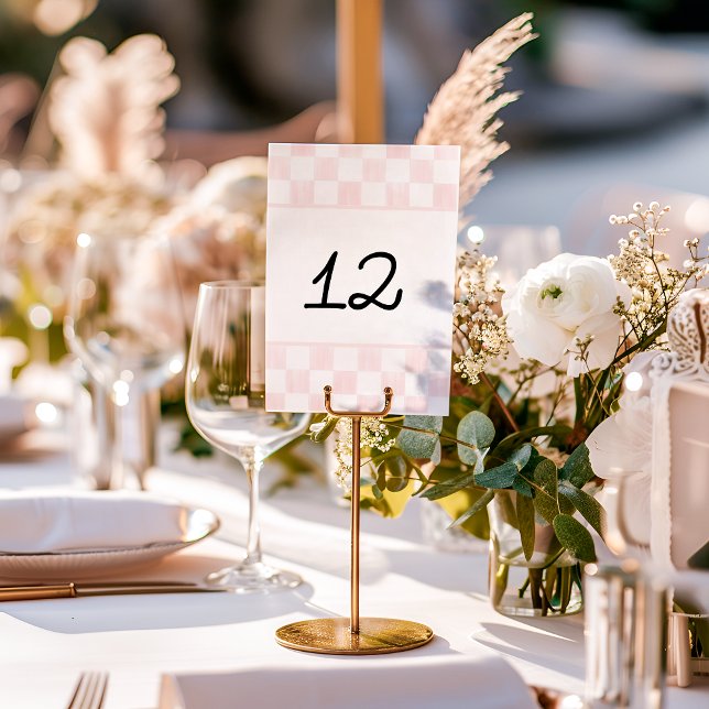 Painted Pink Checkerboard Pattern Wedding Table Number (Creator Uploaded)