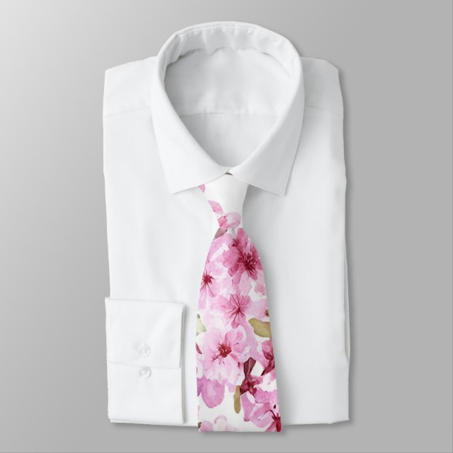 Painted Pink Cherry Blossom Pattern Tie (Tied)