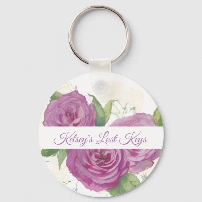 Painted pink, mauve roses on cream personalizable keychain (Front)