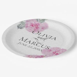 Painted Pink Peonies on Rice Paper Texture Paper Plate