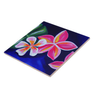 Painted pink plumeria on blue tropical tile
