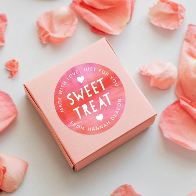 Painted Pink Red Sweet Treat Valentines Day Classi Classic Round Sticker (round sticker for Valentine's Day painted pink and red "sweet treat" sticker with white hearts)