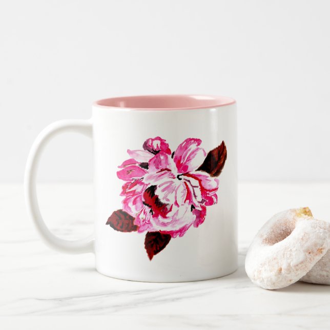 Painted Pink Rose Two-Tone Coffee Mug (With Donut)