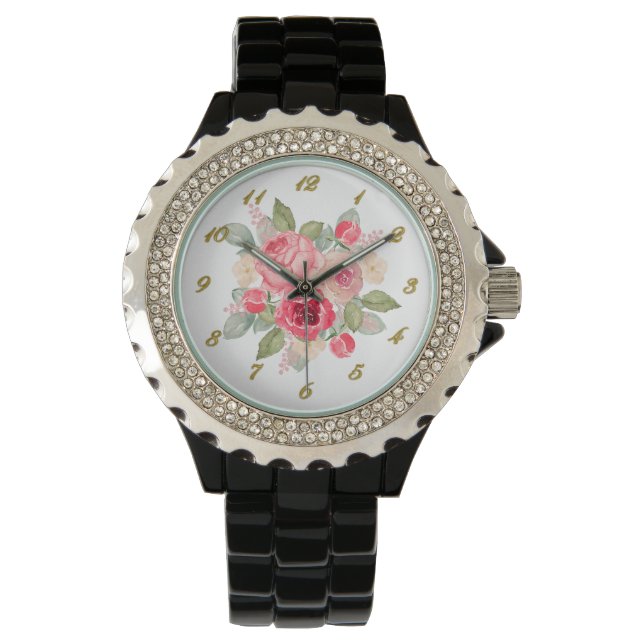 Painted Pink Roses Bouquet Gold Numbers Watch (Front)