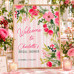 Painted Pink Stripes Floral Bridal Shower Welcome Poster