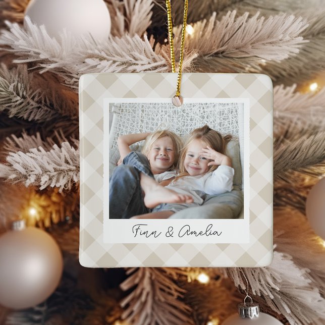 Painted Plaid Double Sided Personalized Photo Ceramic Ornament (Creator Uploaded)