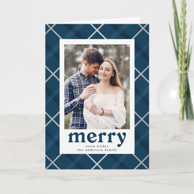 Painted Plaid Navy and Silver 2 Photo Holiday Card (Front)