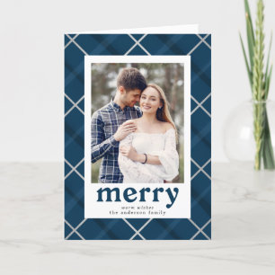 Painted Plaid Navy and Silver 2 Photo Holiday Card