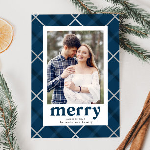 Painted Plaid Navy and Silver Photo Holiday Card