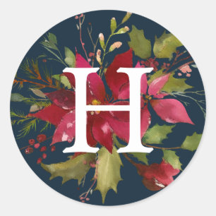 Painted Poinsettias   Monogram Holiday Classic Round Sticker