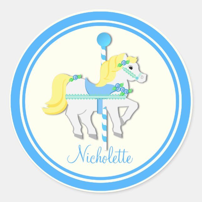 Painted Pony Blue and Yellow Carousel Classic Round Sticker (Front)