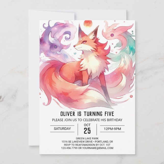 Painted Printable Fox Birthday Invitation (Front)