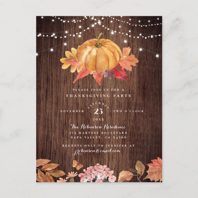 Painted Pumpkin & String Lights Thanksgiving Party Invitation Postcard (Front)