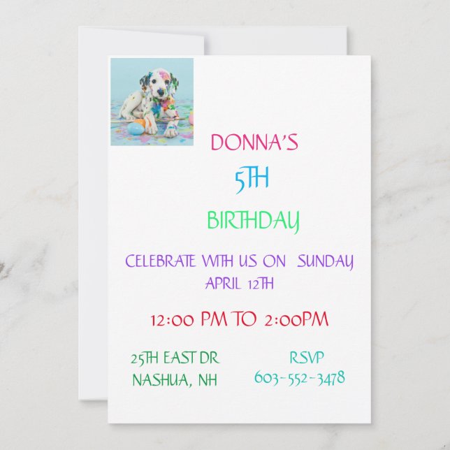 "PAINTED PUPPY"  KIDS BIRTHDAY PARTY INVITATIONS (Back)