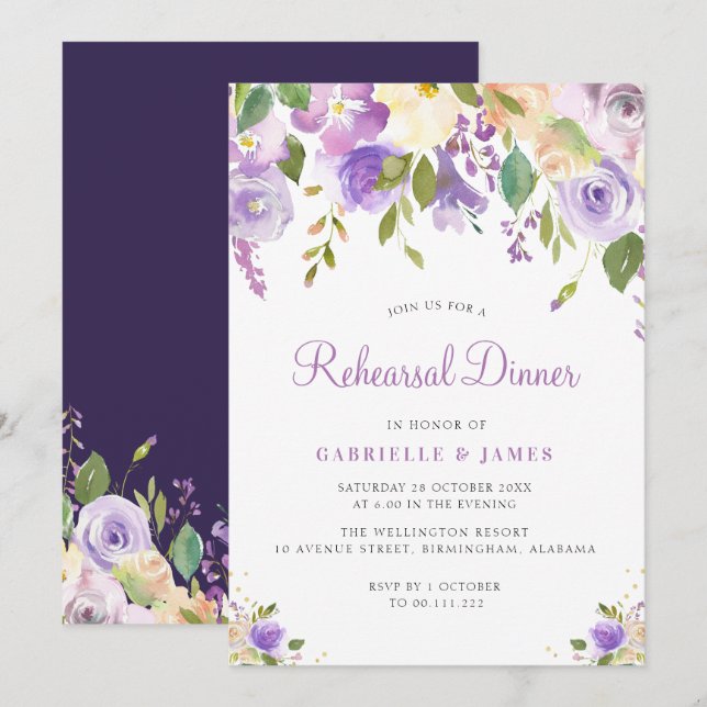 Painted purple and peach floral Rehearsal dinner Invitation (Front/Back)