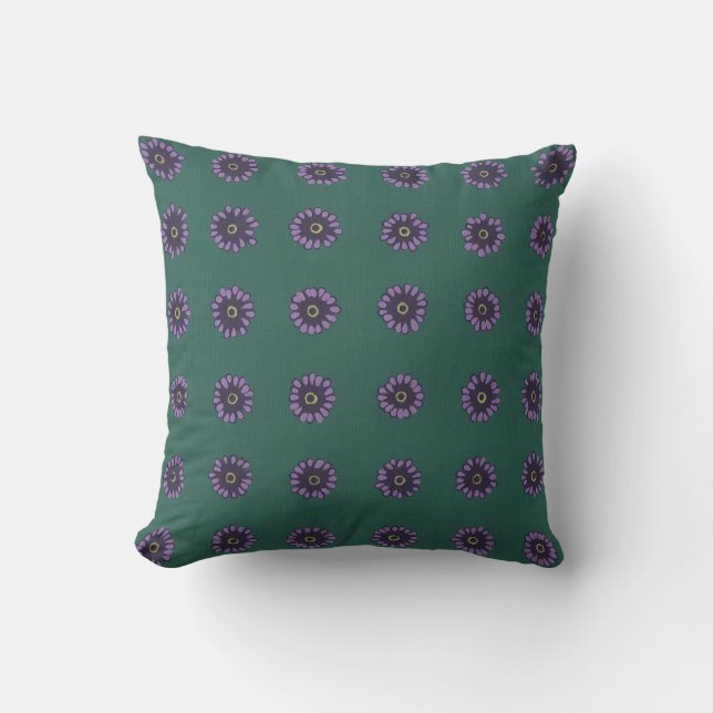 Painted Purple Asters Pattern on Dark Green Pillow (Front)