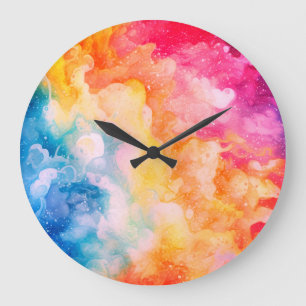 Painted Rainbow Clouds Watercolour Abstract Large Clock