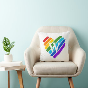 Painted Rainbow Heart on White Monogram Throw Pillow