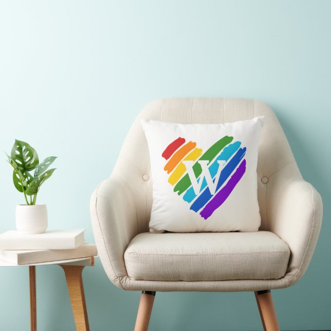 Painted Rainbow Heart on White Monogram  Throw Pillow (Chair)
