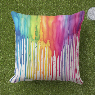 Painted Rainbow Watercolour Paint Drips Abstract Outdoor Pillow