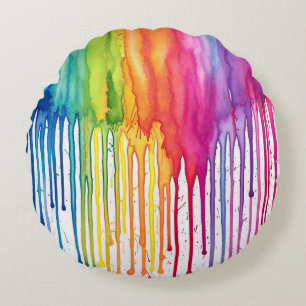 Painted Rainbow Watercolour Paint Drips Abstract Round Pillow