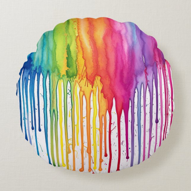 Painted Rainbow Watercolour Paint Drips Abstract  Round Pillow (Front)