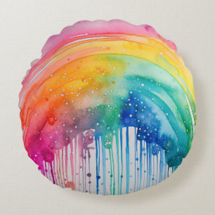 Painted Rainbow Watercolour Paint Drips Abstract Round Pillow