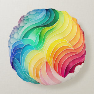 Painted Rainbow Watercolour Paint Drips Abstract Round Pillow