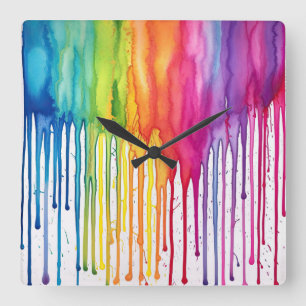 Painted Rainbow Watercolour Paint Drips Abstract Square Wall Clock