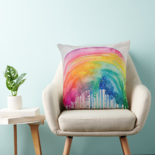 Painted Rainbow Watercolour Paint Drips Abstract Throw Pillow