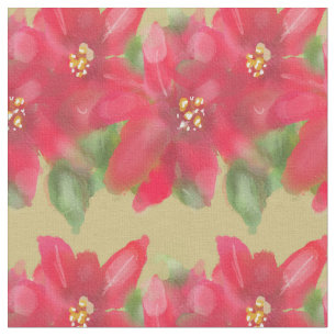 Painted Red and Green Poinsettia Christmas Design Fabric