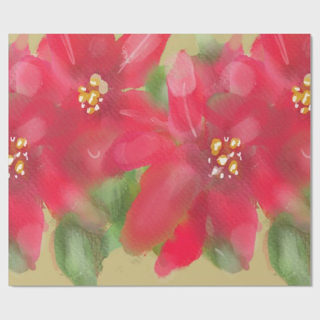 Painted Red and Green Poinsettia Christmas Design Wrapping Paper (Flat)