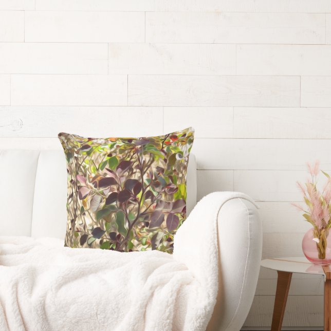 Painted Red Green Leaves & Branches Throw Pillow (Couch)