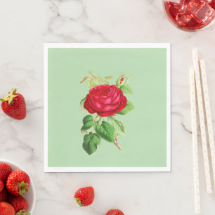 Painted Red Rose on Light Green Napkin