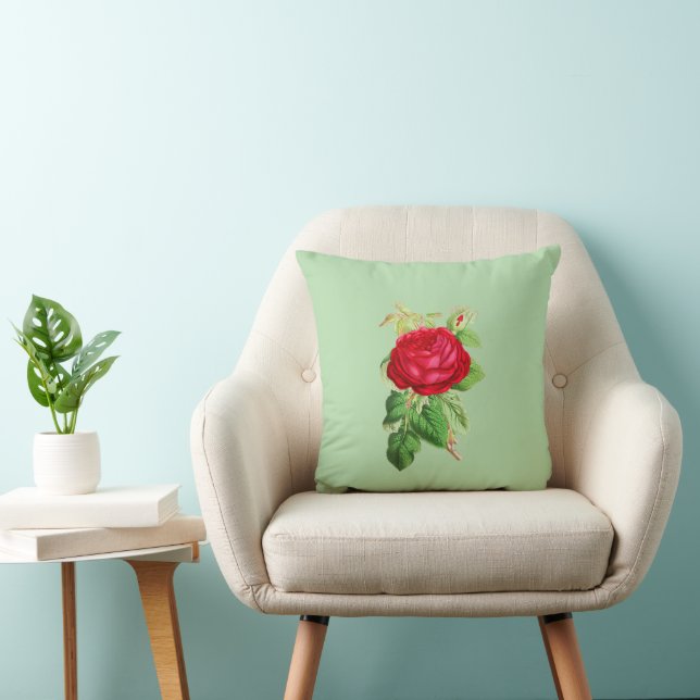 Painted Red Rose on Light Green Throw Pillow (Chair)