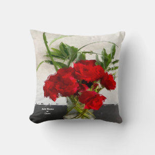 Painted Red Roses on Black and White Background  Throw Pillow