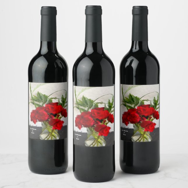 Painted Red Roses on Black and White Background Wine Label (Bottles)