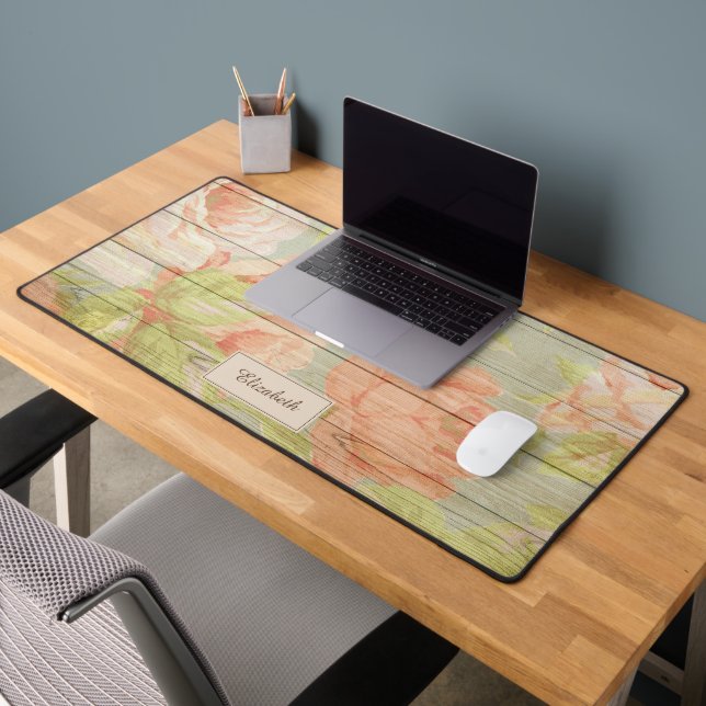 Painted Roses on Antique Wood Boards Desk Mat (Office 2)