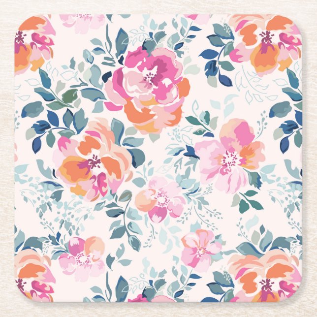 Painted Roses Pattern Square Paper Coaster (Front)