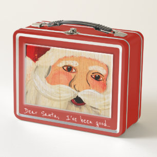Painted Santa Claus Face on Plywood and Text Metal Lunch Box