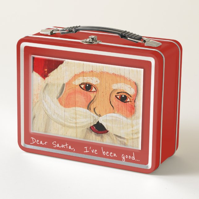 Painted Santa Claus Face on Plywood and Text Metal Lunch Box (Front)
