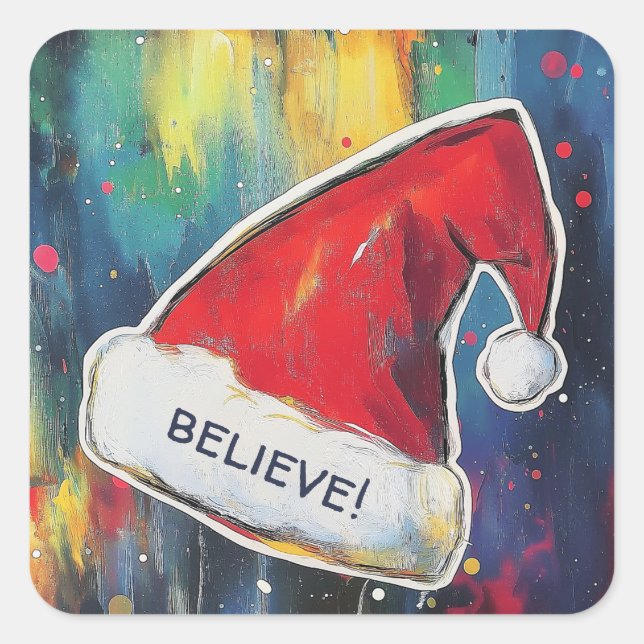 Painted Santa Hat on Festive Night Background Square Sticker (Front)