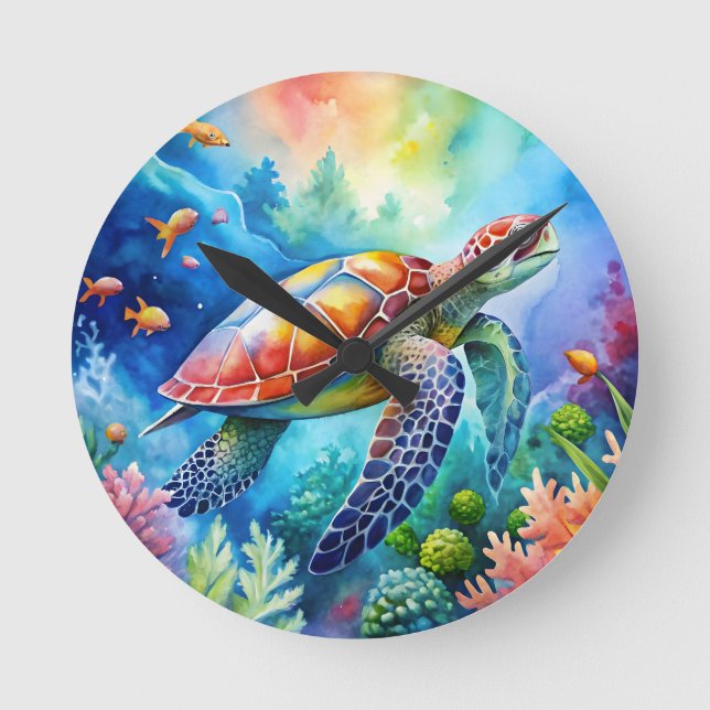 Painted Sea Turtle  Round Clock (Front)