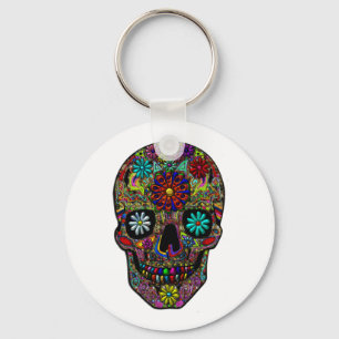 Painted Skull Floral Art Keychain