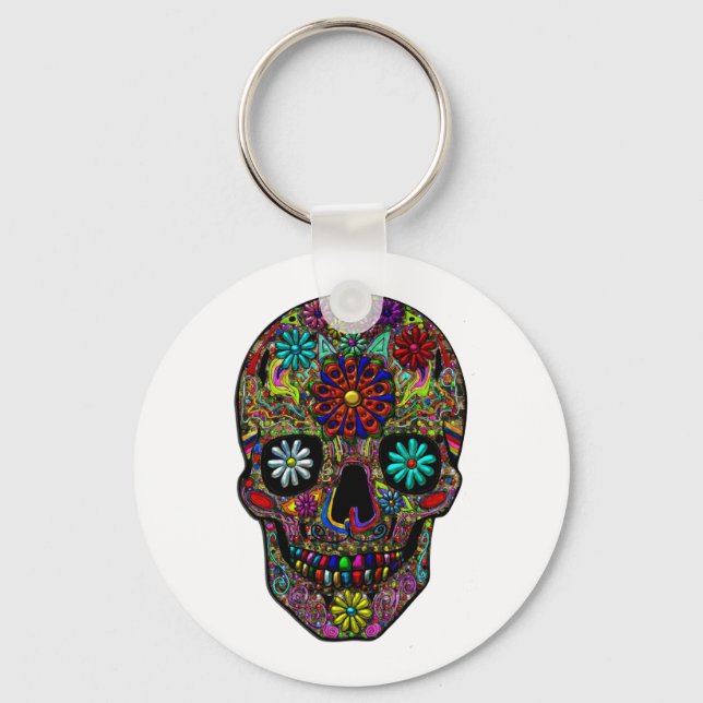 Painted Skull Floral Art Keychain (Front)