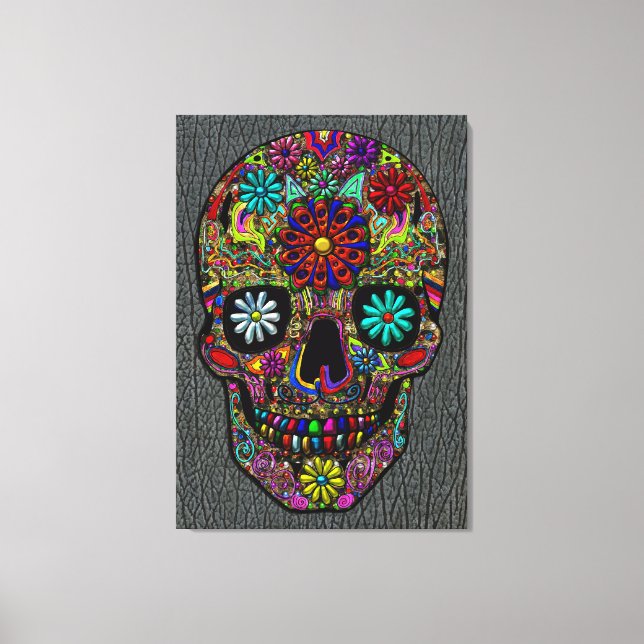 Painted Skull Floral Art on Faux Shark Skin Canvas Print (Front)