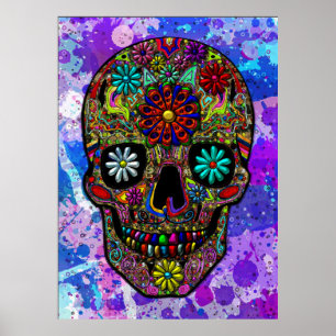 Painted Skull Floral Art Poster