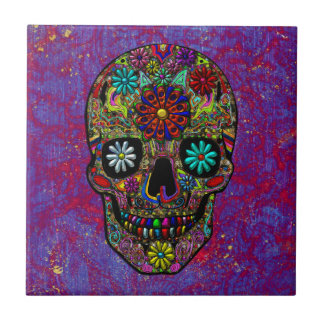 Painted Skull Floral Art Tile