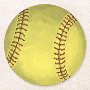 Painted Softball Art Round Paper Coaster