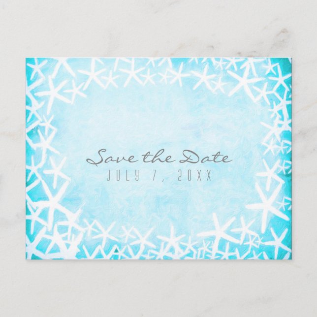 Painted Starfish Aqua Blue Party Save the Date Announcement Postcard (Front)